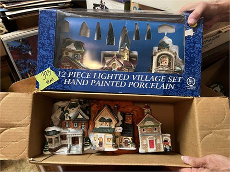 Christmas Villages, 12-Piece Lighted Village, box of Villages