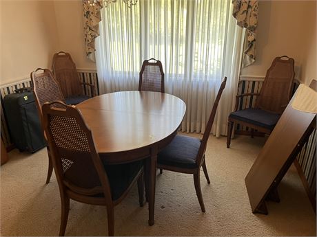 Wood Dining Table and Chairs with Blue Fabric