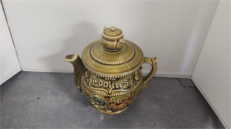 Vintage Japan Green Floral Teapot Shaped Cookie Jar