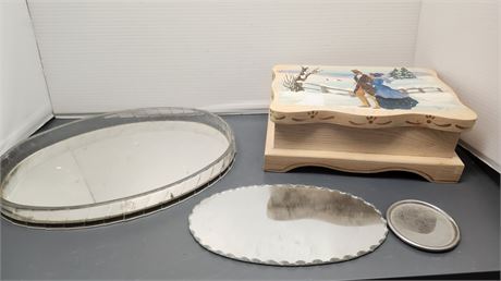 Decorative Wood Box & Glass Tray & Mirror