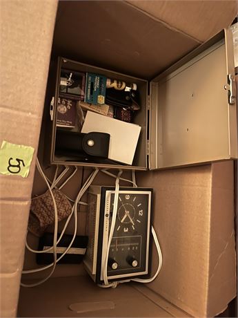 Vintage Clock, Metal Box and Contents