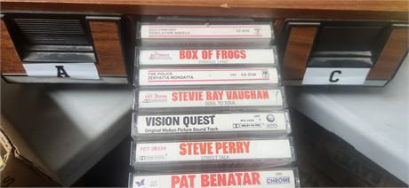 Lot Of Cassette Tapes & Wood Storage Box