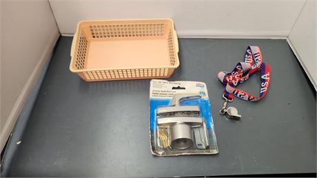 Whistle & Keyed Knob Latch & Small Plastic Basket