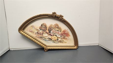 Vintage Homco Interiors Fan Shaped Frame Autumn Harvest Picture. Size 16.5