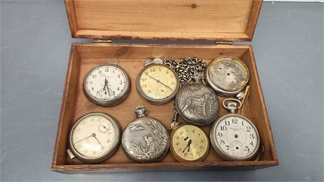 Wood Box Of Misc. Pocket Watches