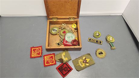 Wooden Box Of Cub/Boy Scout Patches & Pins