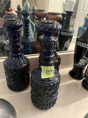 Vintage Blue and Brown Glass Decanters (3)