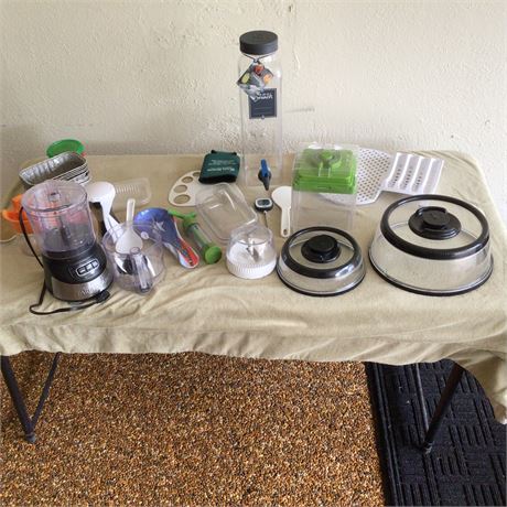 Lot of food storage containers and food processor