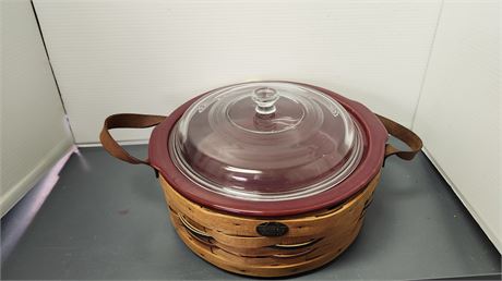 Peterboro Basket Stoneware Collection. Casserole w/ Leather Handles Lazy Susan