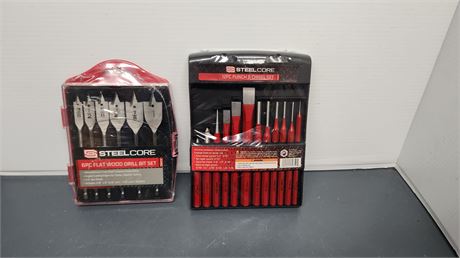 Steelcore 6pc Flat Wood Drill Bit Set & 12pc Punch & Chisel Set