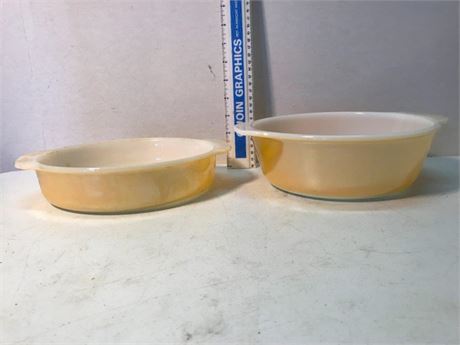 Backwards Stamped Vintage Fire King Peach Luster Scalloped Custard Casserole