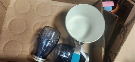 Glass bottles and small Metal Pan