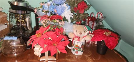 Silk flowers and coffee pots
