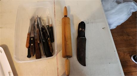 Lot Of Knives & Rolling Pin