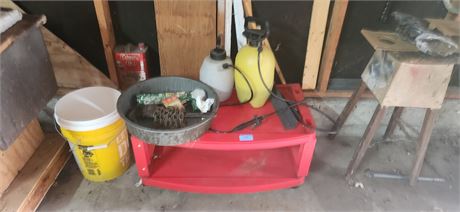 Roll around table, sprayers, wrench