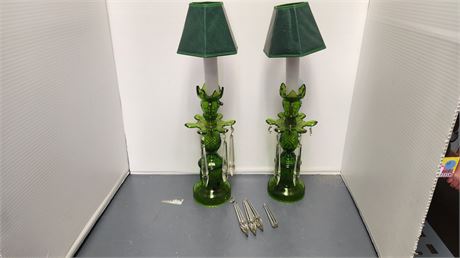 Vintage Green Candle Holders With Crystals.