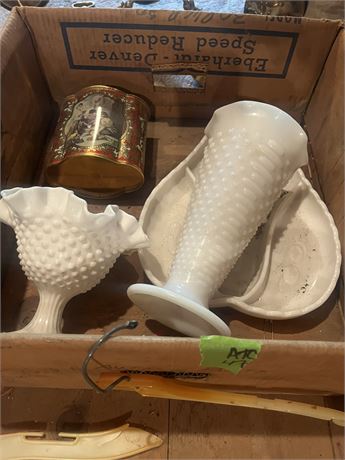 Milk Glass Vases and Tin