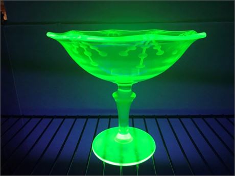 Etched Uranium Glass Stemmed Bowl