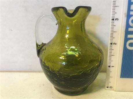 Vintage Crackle Olive Green with Clear Glass Handle Pitcher