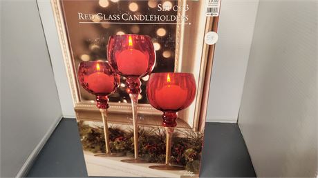 Set Of 3 Red Glass Candleholders