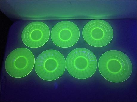 Set of 7 Matching Uranium Glass Teaplates