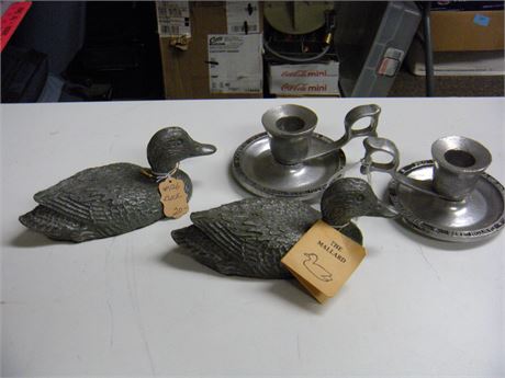 Metal Mallard Ducks & Candle Holders