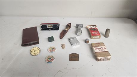 Vintage Winston Cigarettes & Lighter & Knife & Globe Binoculars & Misc.