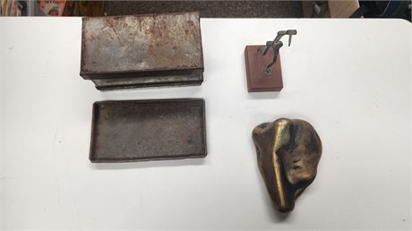 Metal Trinket Box & Metal Man figure & Rock