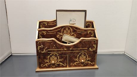 Desk Top Wood Storage Container With Drawers & A Pen & Misc.