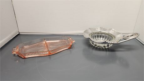 Metal Rimmed Ornate Compote Dish & pink depression Glass Divided Dish
