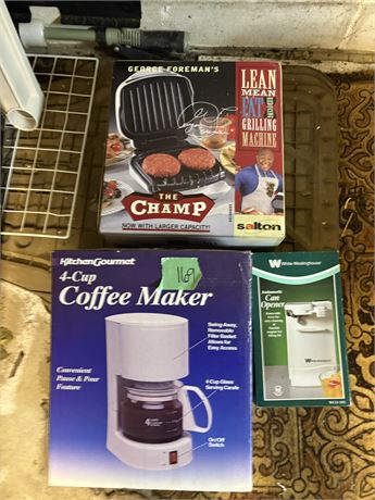 Coffee Maker, Foreman Grill, Can Opener