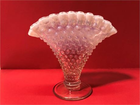 White Opalescent Mini HobnailFan Vase