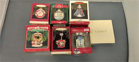 Flat Of Christmas Ornaments. Hallmark & Lenox & Others.