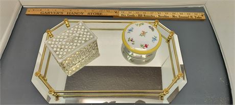 Mirror Dresser Tray w/ Heinrich Germany Powder Jar & Moonglow Dresser Box