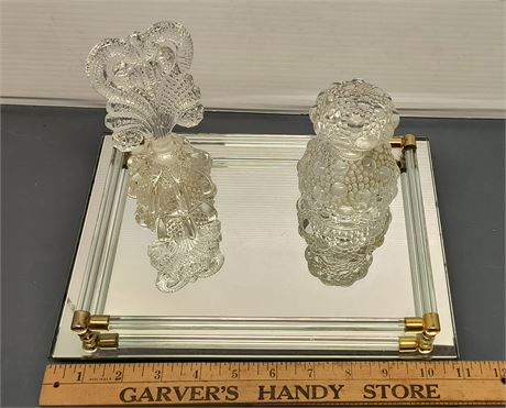 Mirror Dresser Tray W/ 2 Glass Perfume Bottles And Stoppers