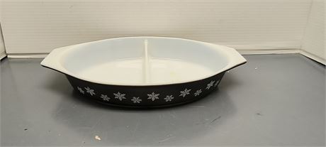 Pyrex Black Snowflake Divided Casserole Dish. No Lid