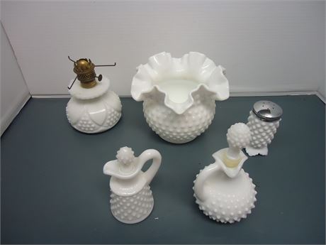 Milk Glass. Some Fenton. Cruets, Shaker, Oil Lamp, Vase