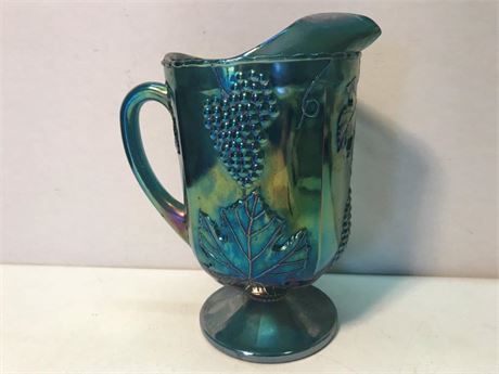 Vintage Iridescent Indiana Carnival Glass Pitcher Blue Harvest Grape