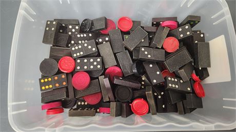 Small Tote Of Dominoes & Checkers