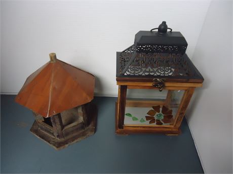 Vintage Wood Bird Feeder & Wood Lantern
