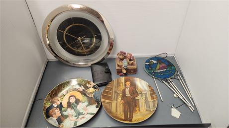 Sunbeam Clock & Collectible Plates & Windchimes & Bear Box & Vintage Palm Pilot