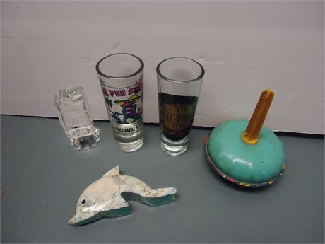 Vintage Toy & Dolphin Statue & Shot Glasses