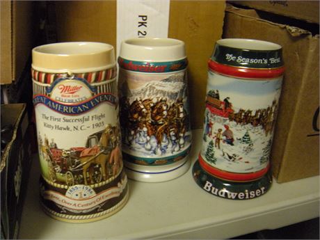 2 Budweiser & One Miller Beer Steins