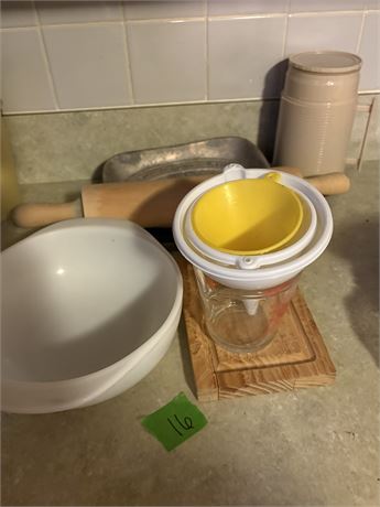 Kitchen Lot, Pyrex Bowl, Funnels, Thermos, Metal Trays
