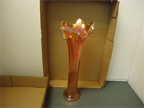 Marigold Iridescent Carnival Glass Vase Rib Fluted Northwood Ruffled Edge