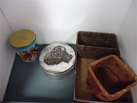 Lot Of Wicker Baskets & Tins