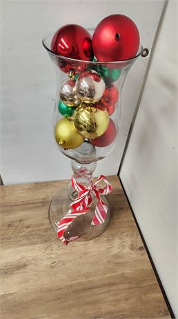 Large Glass Pedestal Vase & Christmas Ornaments