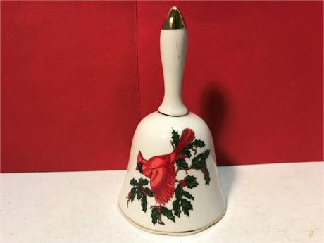 Vintage Lefton Porcelain Christmas Bell Cardinal Holly & Berries Gold Trim #1069