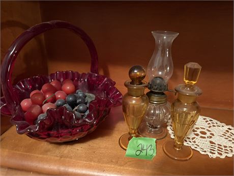 Glass Bowl with fruit, Glass Jars, Oil Lamp