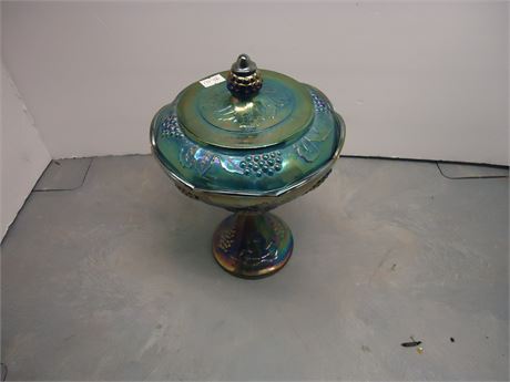 Carnival glass pedastall dish with lid